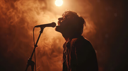 Silhouette of a singer performing on stage with dramatic lighting and smoke effects