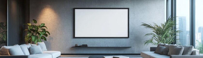 Modern Minimalist Living Room with Large Blank Screen and City View Through Floor-to-Ceiling Windows