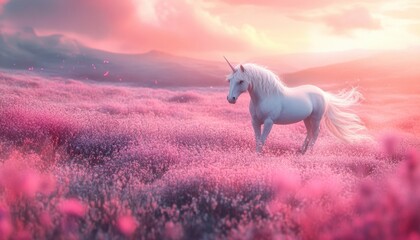 A unicorn standing gracefully in a vibrant pink meadow at sunset in a fantasy landscape