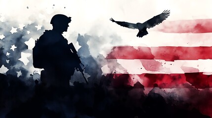 silhouette of soldier and eagle with america flag