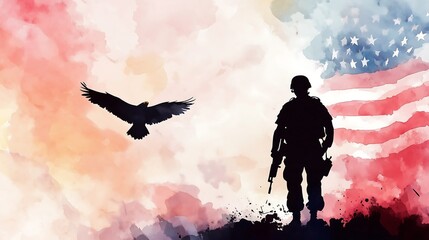 silhouette of soldier and eagle with america flag