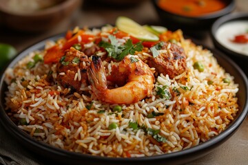 A plate of flavorful shrimp biryani garnished with fresh herbs, combining vibrant spices and textures in a traditional Indian dish.