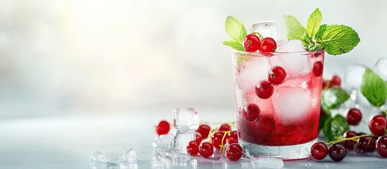 Fresh currant cocktail A refreshing summer drink featuring red currants and ice cubes Glass of red currant mojito. with copy space image. Place for adding text or design