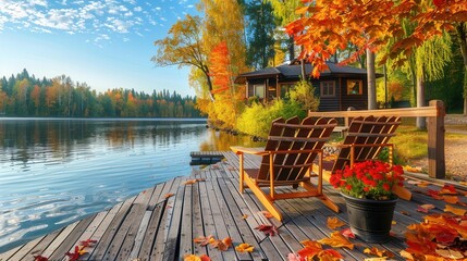 Vacation house with scenic view in Fall with colorful foliage by lake