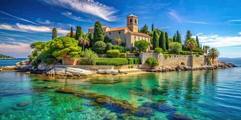 Serene island with Abbey in the bay of Cannes, surrounded by crystal clear water and lush greenery, L??le Saint-Honorat