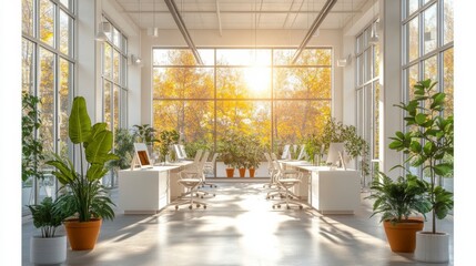 Modern open space office with plants and sunlight streaming through large windows