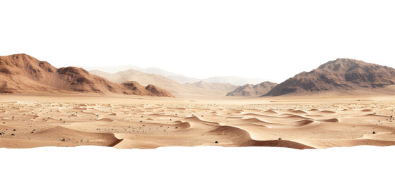 A vast desert landscape with rolling sand dunes and distant mountains, isolated on white background, transparent background.