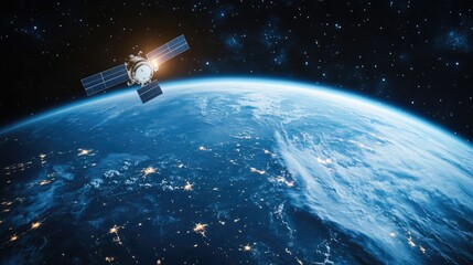 A lone satellite circling Earth, with the vast expanse of space and the glowing horizon of the planet beneath