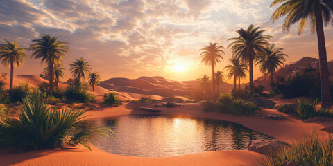 A serene desert oasis with palm trees and a tranquil pool of water under a stunning sunrise, bringing life to the arid landscape.