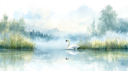 Watercolor Painting of a Swan on a Misty Lake with Trees and Mountains