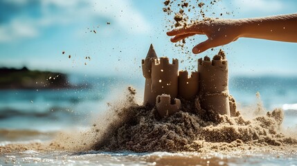 Hand Smashing a Sandcastle: A hand smashing a sandcastle on the beach, with sand flying. 
