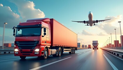 A moving truck against the backdrop of an airplane flying overhead, creating a dynamic scene of transportation and travel. The contrast between the ground vehicle and the airborne symbol of transport