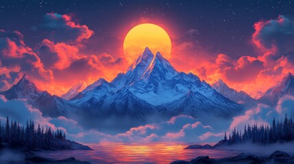 A mountain colorful cartoon style high resolution 777 sunset, sky, mountain, landscape, nature, mountains, clouds, sunrise, cloud, sun, snow, blue, morning, red, beautiful, evening, fog, winter, hil