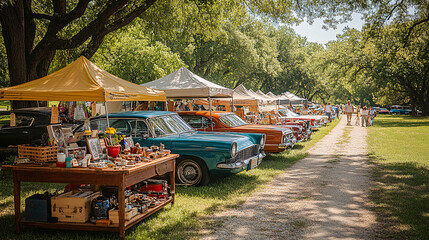 Visitors enjoying a sunny day at the outdoor classic car show and flea market, strolling along vintage cars