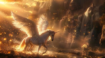 majestic unicorn with feathery white wings stands gracefully by a cascading golden waterfall in a fantastical landscape. Sparkling lights fill the air enhancing the magical ambiance dreamlike scene.