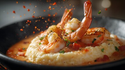 A fresh shrimp and grits half suspended in mid-air, with droplets of sauce glistening on the shrimp and creamy grits, captured in a dynamic moment with splashes surrounding it. Set against a dark,