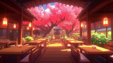 Tranquil Japanese Garden Patio with Cherry Blossoms and Lanterns.