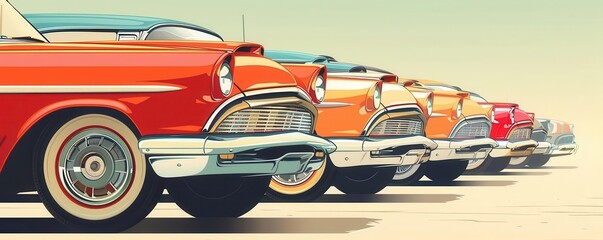 Vintage car show with classic automobiles, Vintage, Warm, Illustration, Highlighting retro charm and style