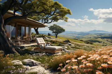 A secluded cabin overlooking a meadow of wildflowers. Concept of peaceful retreat. Generative Ai.