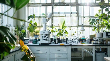 Serene Science Lab: Unoccupied Educational Space with Sunlight Illuminating Instruments, Reflecting the Calm of Scientific Inquiry and Discovery