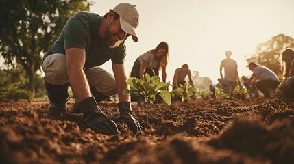 community gardening at sunset