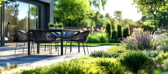 Modern patio furniture nestled in a lush green garden with vibrant purple flowers
