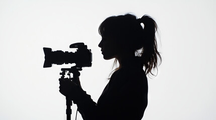 Silhouette of a female indie filmmaker, online content creator, or casting director holding a camera and microphone, set against a white background.