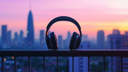 Close-up of headphones on a balcony railing with a glowing cityscape in the background, capturing the essence of lo-fi music