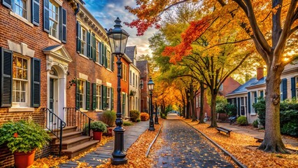 Vibrant autumn foliage frames historic 18th-century buildings, quaint cobblestone streets, and ornate lamp posts in Old Town Alexandria on a crisp fall morning.