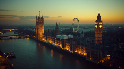 London eye and big ben lighting up at twilight above river thames