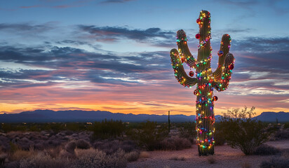 Saguaro cactus in the desert decorated with Christmas lights and ornaments with sunset sky 