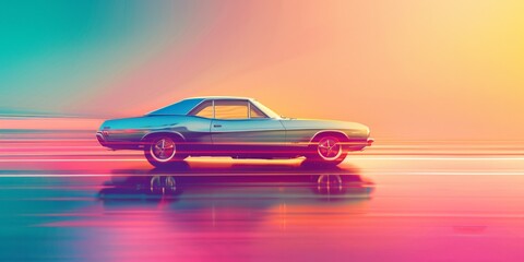 Classic car with vibrant colors and motion blur effect in a sunset setting