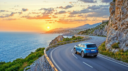 Blue car SUV driving along a scenic coastal road at sunset, with sea and mountain views. Travel and road trip concept