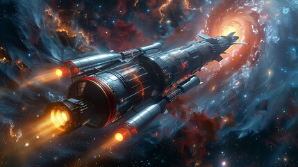 An imaginative scene depicting a futuristic spacecraft powered by a nuclear fission engine, soaring through the vastness of space with distant galaxies and nebulae in the background, highlighting 
