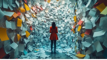 Distraction depicted as a whirlwind of colorful papers surrounding a person (selective focus, scattered mind, dynamic, Composite, busy office backdrop)