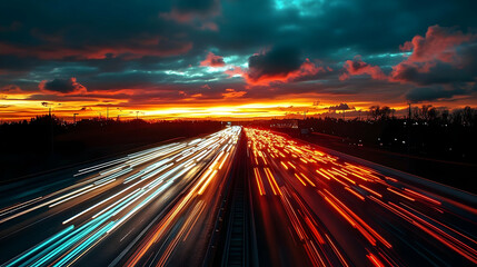 A highway with streaks of light from cars passing by, with a dramatic orange and blue sunset in the background.