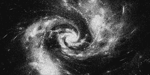 Pointillist style milky way, galaxy, nebula, stars. Vintage stippled background of deep space universe. Vector illustration in retro grainy grunge texture for music poster, concert banner, cd, collage