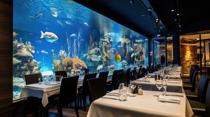Modern restaurant interior. Interior of a fish restaurant. Fish in an aquarium in a restaurant.