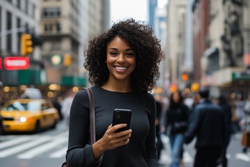 A Black Pretty Woman with radiant smile and holding her phone while walking down the street, with blurred city buildings. 
