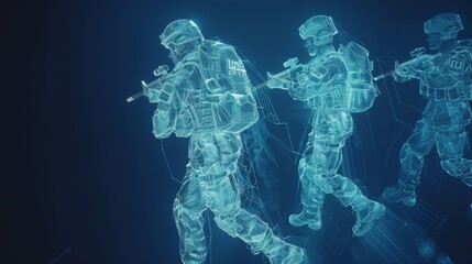Holographic soldiers march forward against a dark blue, digital background, showcasing futuristic military technology and coordination.