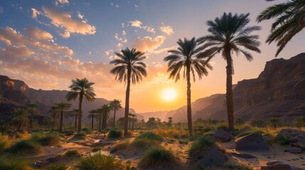 A beautiful sunset over a desert landscape with palm trees