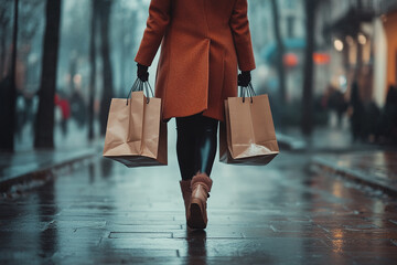 Widok z tyłu kobiety z torbami zakupowymi w obu rękach