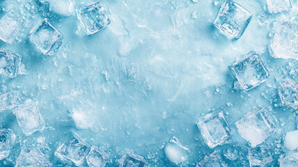 A light blue, icy surface with scattered ice cubes in the top left and bottom right corners.