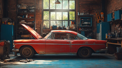 Retro red vintage car with the hood open, parked inside an old garage with tools and equipment around. Restoring classic automobile in a rustic workshop setting.