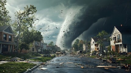 Powerful Tornado Ripping Through Suburban Neighborhood,Debris Swirling in the Air