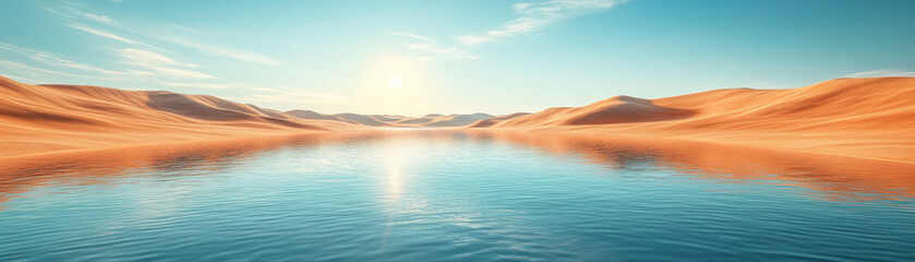 Golden desert dunes reflected in a tranquil oasis at sunrise, under a clear blue sky. A serene natural landscape showcasing the beauty of a desert oasis.