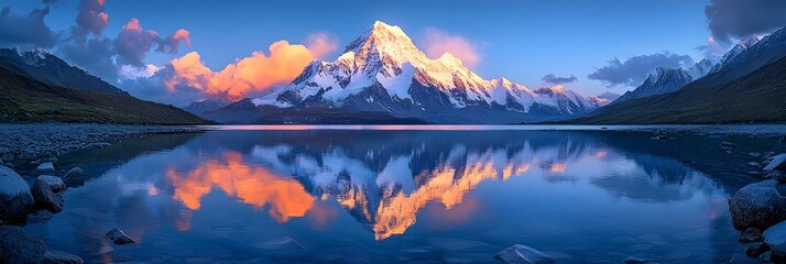 Majestic Himalayan Landscape with Serene Lake Reflection at Sunset