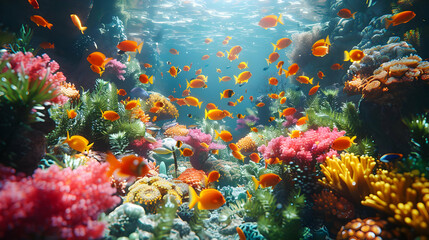 Colorful Underwater Scene with Fish and Coral Reefs - Realistic 3D Illustration