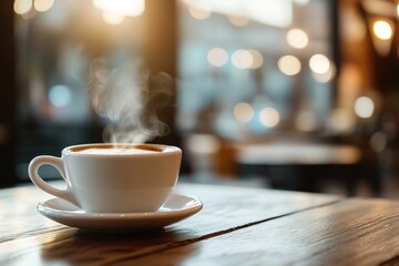 Steaming coffee cup on wooden table in cozy cafe