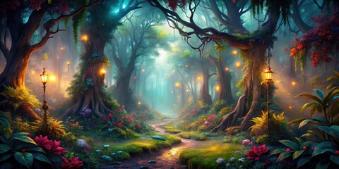 Enchanted dark forest with mystical atmosphere and vibrant foliage